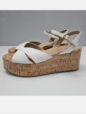 NEW Stuart Weitzman Carmen Midi Sandal Platform Wedge White Leather Cork 9.5